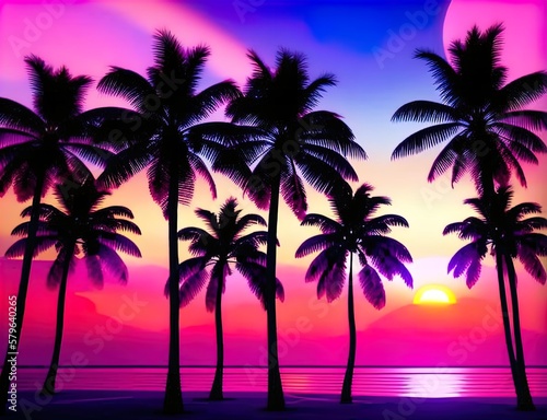 Vaporwave summer, Illustration with sun and palm trees, Tropical sunset with trees, Palm trees at sunset, Sunset over the sea, Palm trees on the beach, Generative AI © Senze Media