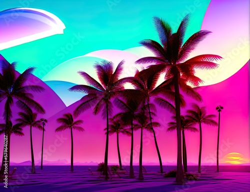 Vaporwave summer, Illustration with sun and palm trees, Tropical sunset with trees, Palm trees at sunset, Sunset over the sea, Palm trees on the beach, Generative AI © Senze Media