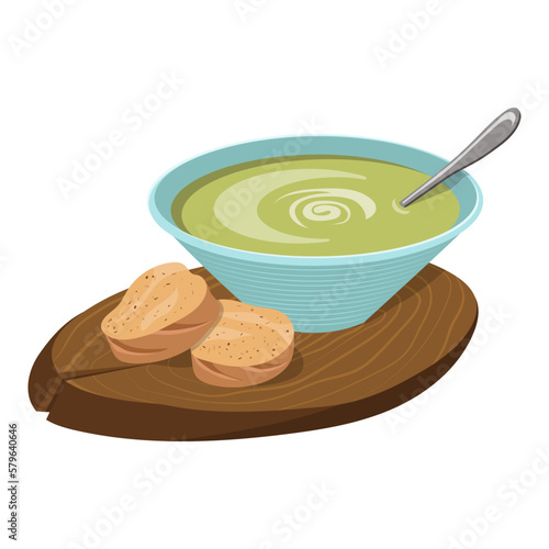 Avocado puree soup on a board with bread. Vector illustration