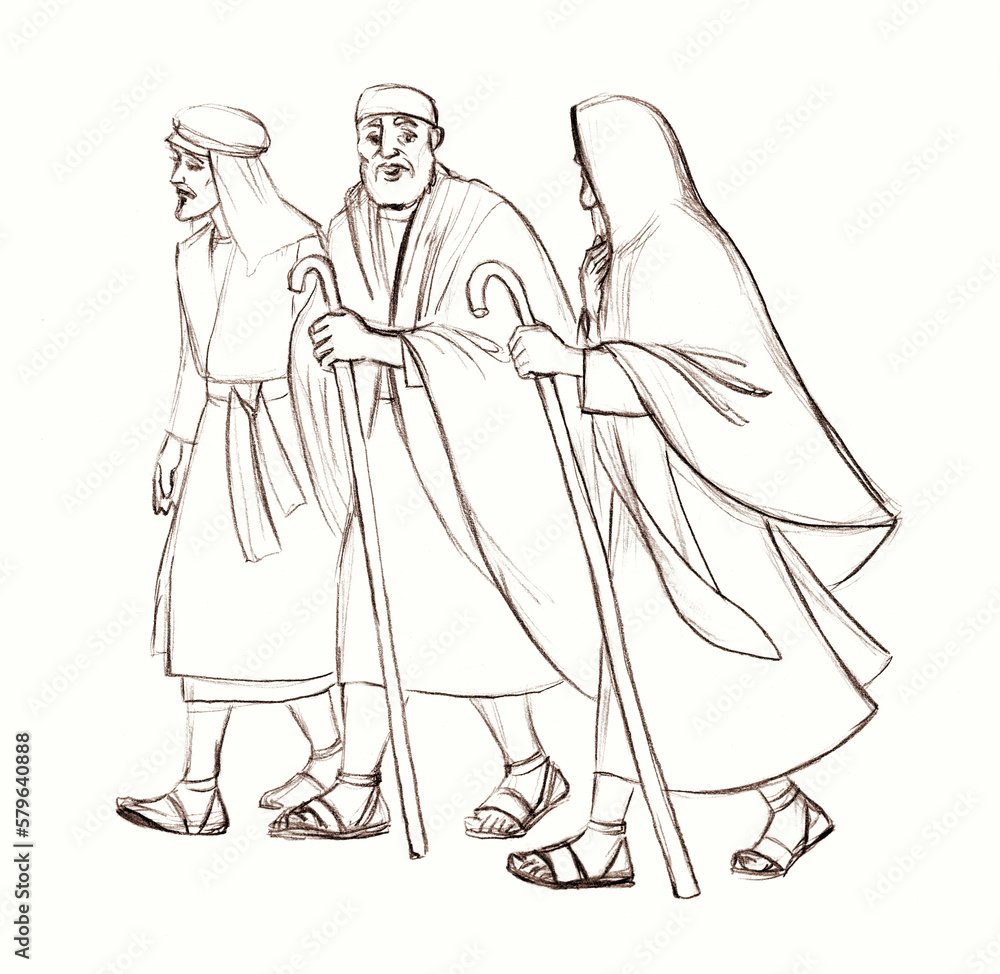 Pencil drawing. Jesus talks to the disciples as he walks the road Pencil drawing. Jesus talks to the disciples as he walks the road