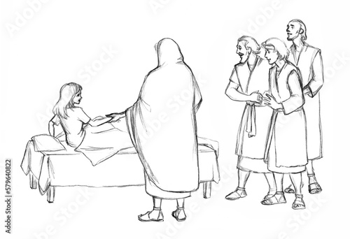 Canvastavla Healing of the daughter of Jairus. Pencil drawing