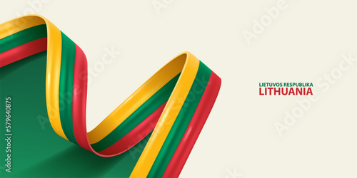 Lithuania ribbon flag. Bent waving ribbon in colors of the Lithuania national flag. National flag background.
 photo