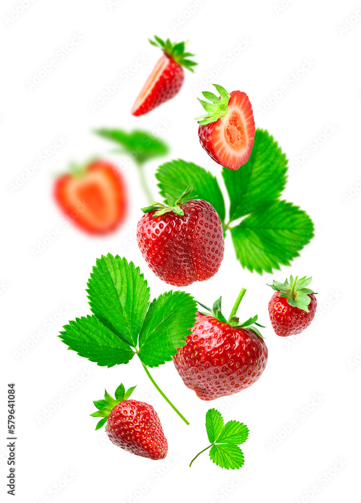 Ripe fresh flying red strawberry, green leaves isolated on white ...