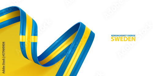 Sweden ribbon flag. Bent waving ribbon in colors of the Sweden national flag. National flag background.
