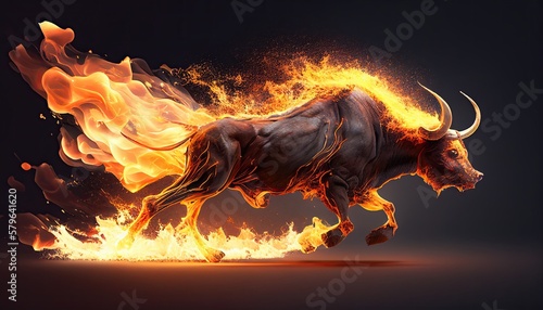 Running fire bull, stock market bull phase, generative ai illustration © Postmodern Studio