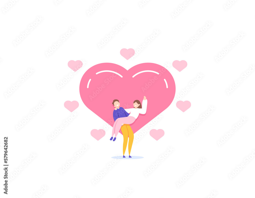 A couple that is celebrating the anniversary. a boyfriend is holding his girlfriend and celebrating Valentine's Day. happy valentine's day. romantic. illustration concept design. vector elements