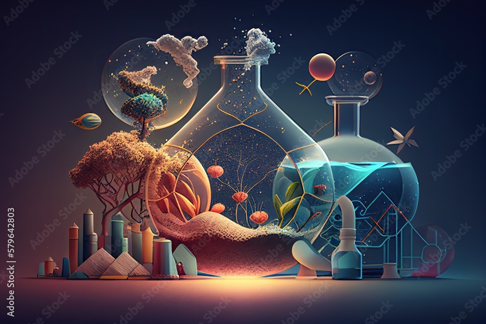 Science background illustration, scientific design. Flasks, glass and