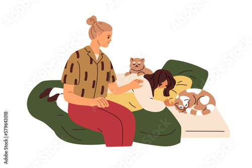 Mother supporting, comforting upset depressed kid daughter. Mom caring about sad child, lying in bed with problems, difficulties. Flat graphic vector illustration isolated on white background