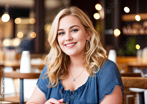Young beautiful happy fat woman in a cafe. Generative AI