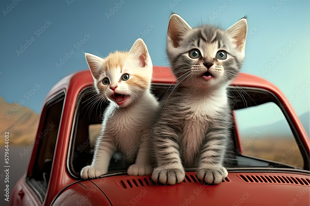 Roadtrip for two Funny kittens: Vacationing by car. Photo generative AI Roadtrip for two Funny kittens: Vacationing by car. Photo generative AI