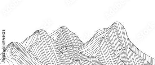 Black and white mountain line art wallpaper. Contour drawing luxury scenic landscape background design illustration for cover, invitation background, packaging design, fabric, banner and print.