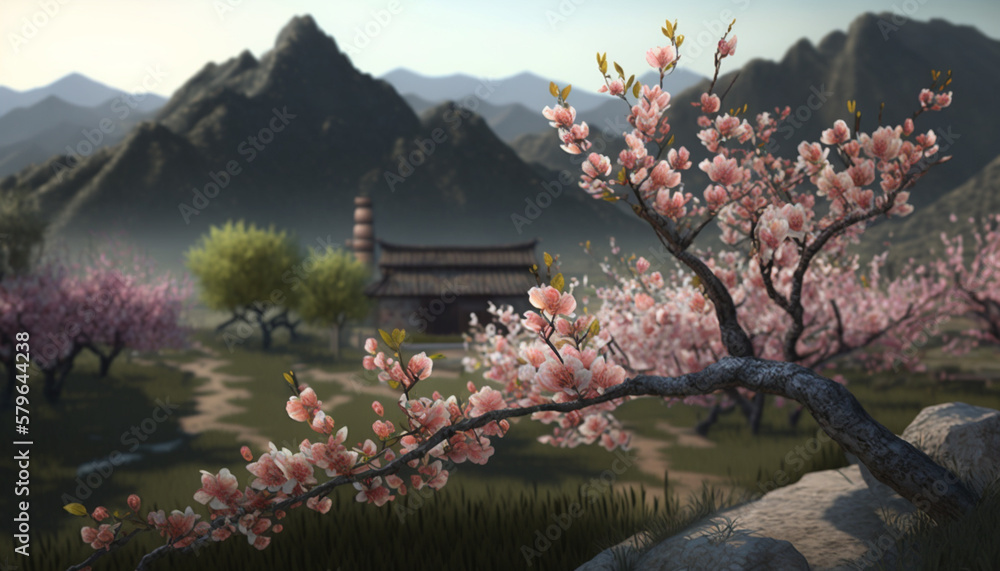 Serene Chinese landscape with pink blossoming peach tree Serene Chinese landscape with pink blossoming peach tree