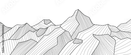 Black and white mountain line art wallpaper. Contour drawing luxury scenic landscape background design illustration for cover, invitation background, packaging design, fabric, banner and print.