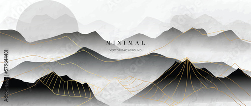 Luxury mountain wallpaper with black scenic landscape. Watercolor and gold line art texture hills background vector. Design illustration for cover, invitation, packaging, fabric, poster, print.