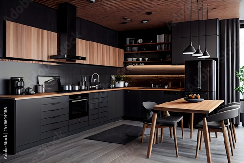 modern kitchen With black furnishings, wooden accents, and ceiling lamps, Generative AI