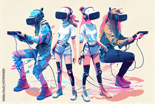 virtual reality art illustration, teenagers in vr glasses