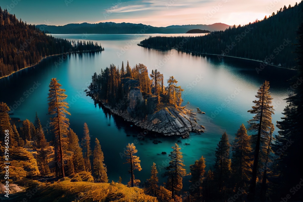 Discovering the Tranquil Beauty of Lake Tahoe: A Journey Through the Serene Landscapes and Wilderness of the Sierra Nevada - obrazy, fototapety, plakaty 