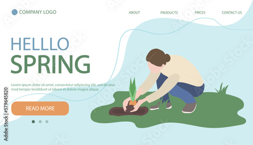 Woman planting garden flowers in soil. Woman working in garden. Illustartion in flat cartoon style. Web banner