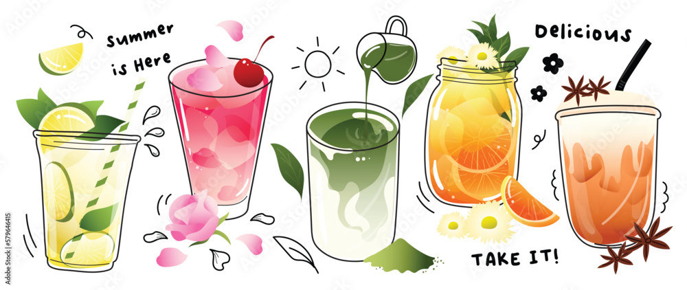 Ice tea summer drinks special promotions design. Thai tea, matcha green tea, fresh yummy drinks, sparkling lemon, orange juice, soft drinks. Doodle style vector for advertisement, banner, poster.  - obrazy, fototapety, plakaty 