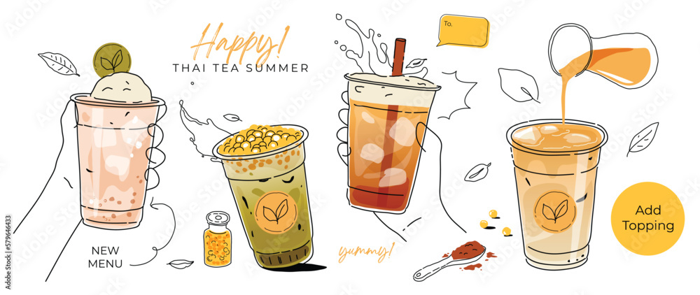 Ice tea summer drinks special promotions design. Thai tea, matcha green tea, fresh yummy drinks, bubble pearl milk tea, soft drinks with topping. Doodle style for advertisement, banner, poster.  - obrazy, fototapety, plakaty 