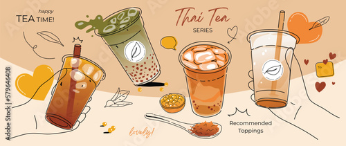 Ice tea summer drinks special promotions design. Thai tea, matcha green tea, fresh yummy drinks, bubble pearl milk tea, soft drinks with logo and doodle style for advertisement, banner, poster. 