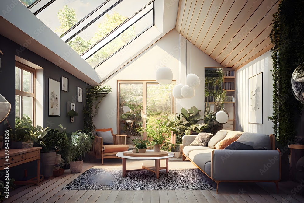 Scandinavian style living room with a skylight in the ceiling and a garden, interior scene and mockup. Generative AI - obrazy, fototapety, plakaty 