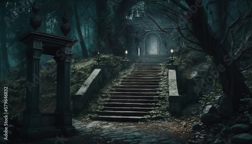 Halloween background with old stone stairs and scary dark forest. Generative AI