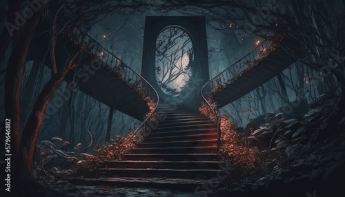 Tela Mystical halloween scene with stairs in the dark forest