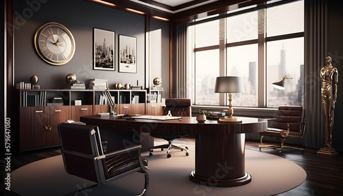 Award-winning modern office of a CEO. Low-angle view capturing the full scope of the space. Warm colors and glamourous with a touch of sophistication. Generated by AI © CSS Studio