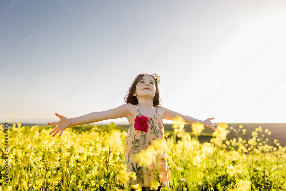 Seven Year Old Girl, Arms Outstretched in Flower Field in San Diego Seven Year Old Girl, Arms Outstretched in Flower Field in San Diego