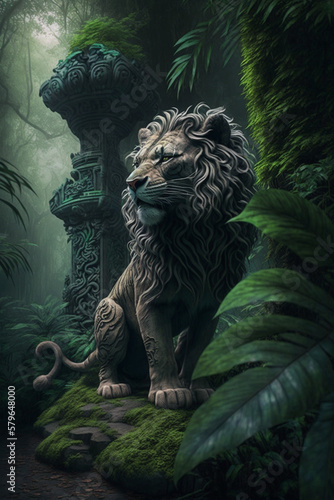 Majestic Lion Sculpture in Jungle Landscape: Chinese Artwork © artefacti