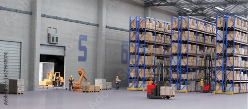 Warehouse Scene with Workers, High Shelves and Reach Fork Track. Logistics Concept. 3D illustration
