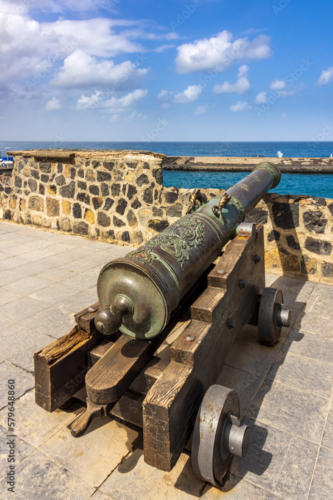 Old cannons at fort Bateria de Santa Barbara guarding the  harbour entrance in Puerto de la Cruz, Tenerife.
