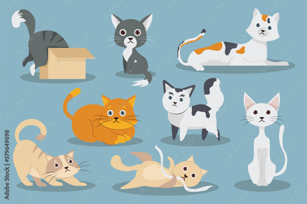 Playful cute cats flat item set concept without people scene in the flat cartoon design. Cute cats having fun and playing at home. Vector illustration. Playful cute cats flat item set concept without people scene in the flat cartoon design. Cute cats having fun and playing at home. Vector illustration.