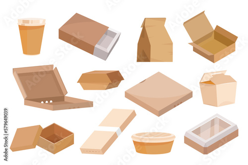 Carton boxes for fast food vector illustrations set icons concept without people scene in the cartoon design. Image of cardboard boxes for various foods which can be recycled. Vector illustration.