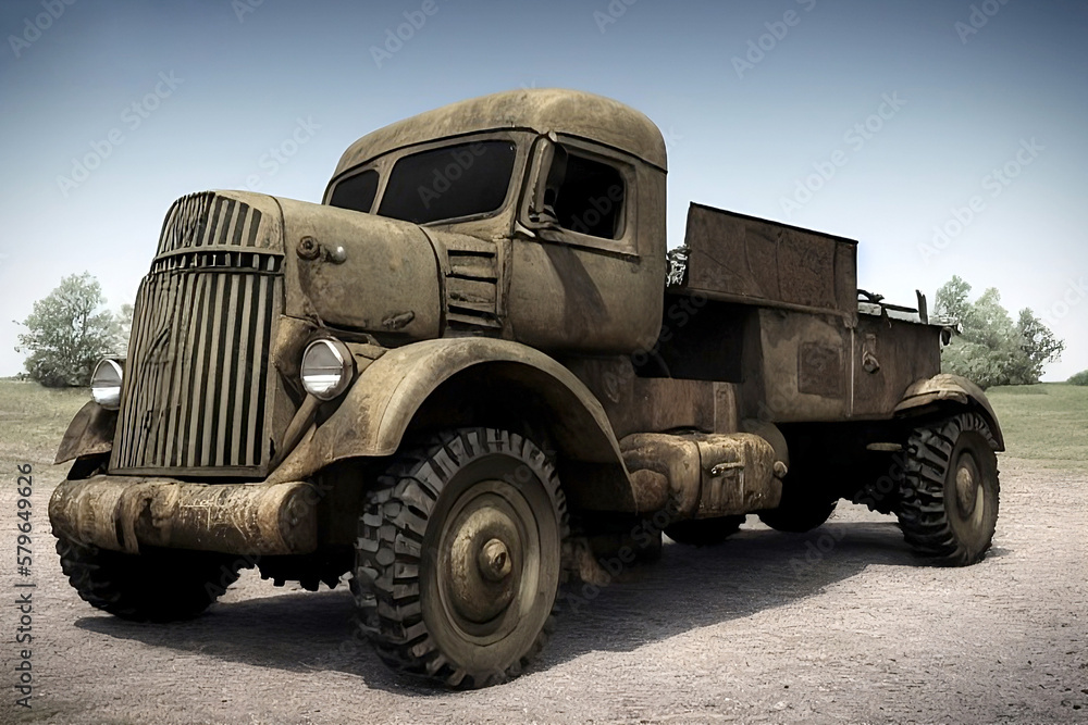old military truck on road, generative ai old military truck on road, generative ai