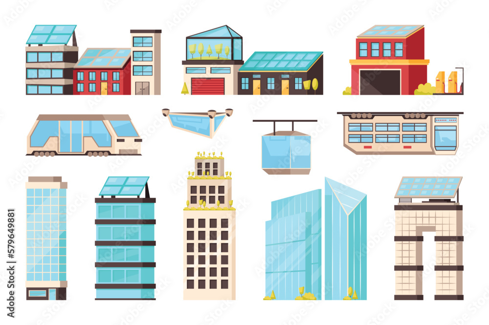 Smart city technology flat elements set concept without people scene in the flat cartoon design. An image of innovative technologies that can be used in a big city. Vector illustration.