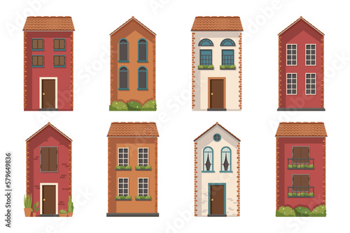 Traditional Italian architecture house building concept without people scene in the flat cartoon style. Small houses that can be seen in Italian courtyards. Vector illustration.