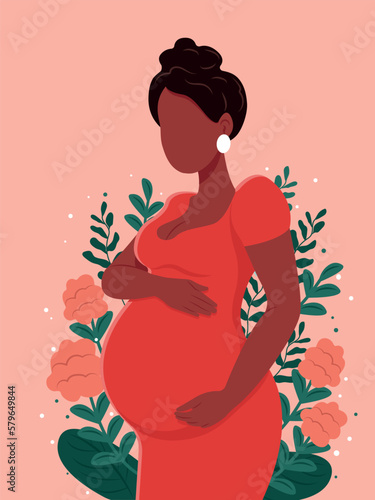 Healthy pregnancy banner. Beautiful pregnant black woman hugs her belly. The concept of pregnancy and motherhood. Healthy pregnancy. Vector illustration in cute cartoon style.