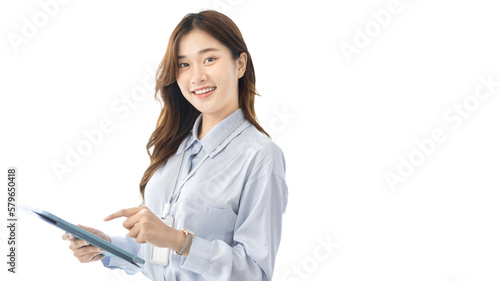 Office worker with a beautiful Asian woman in a private office, Daily routine of office workers, Welcome to work in the morning with a bright smile, Businesswoman in office concept. photo