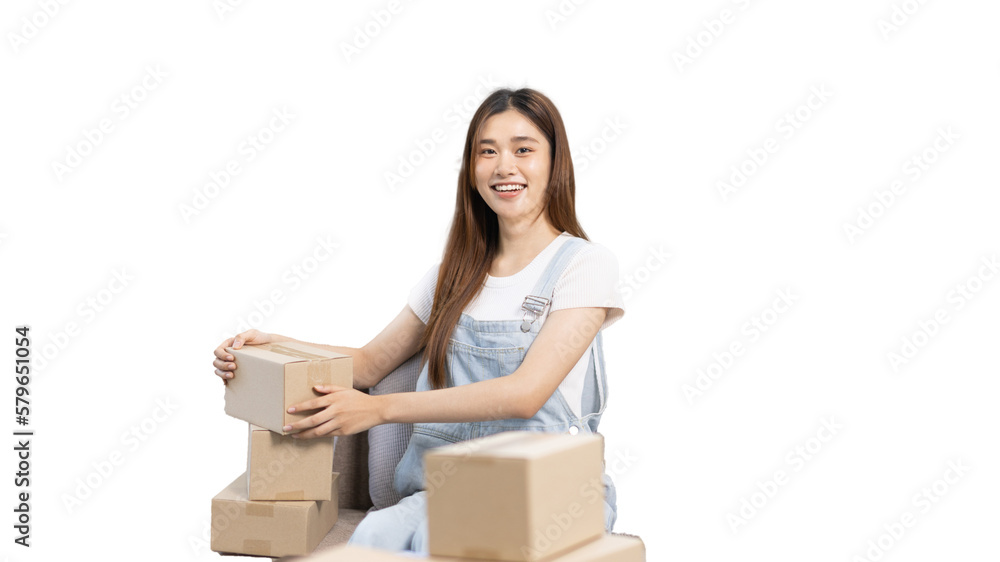 Small business owners or SMEs doing business related to selling and shipping online, New business style for young people working at home and owning businesses, Packing box, Sell online concept. Small business owners or SMEs doing business related to selling and shipping online, New business style for young people working at home and owning businesses, Packing box, Sell online concept.