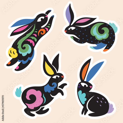 Stickers of Rabbits with folk ornaments inside