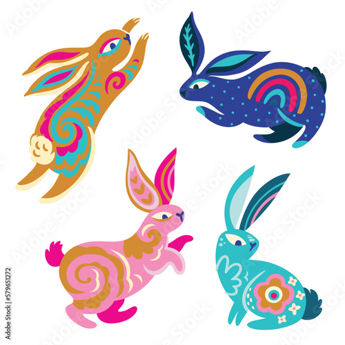 Four Oriental Rabbits with folk ornaments inside. Vector design