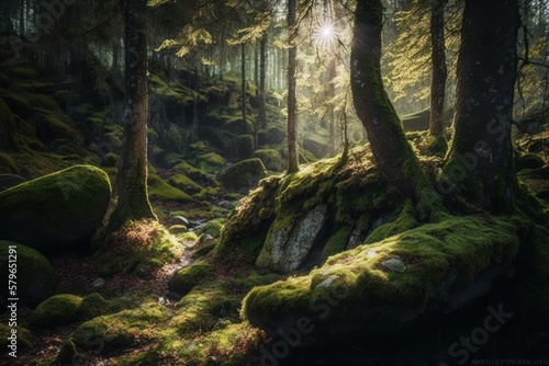 Illustration of Moss in the Sunny Forest (Generative AI)