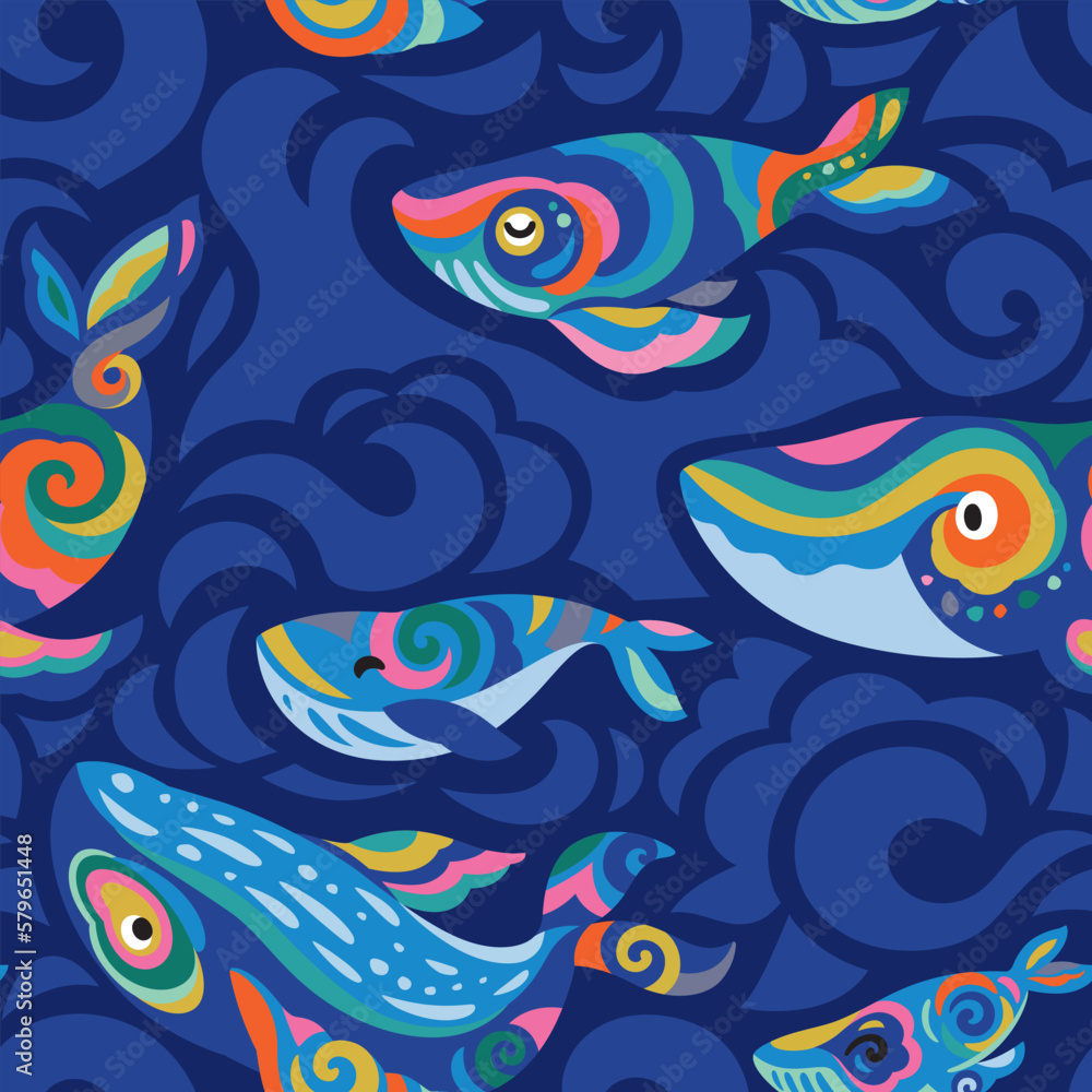 Cute seamless pattern with folk rainbow whales and blue waves