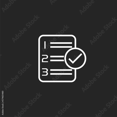 Document, file, report test checklist. Check mark symbol isolated on black background. 