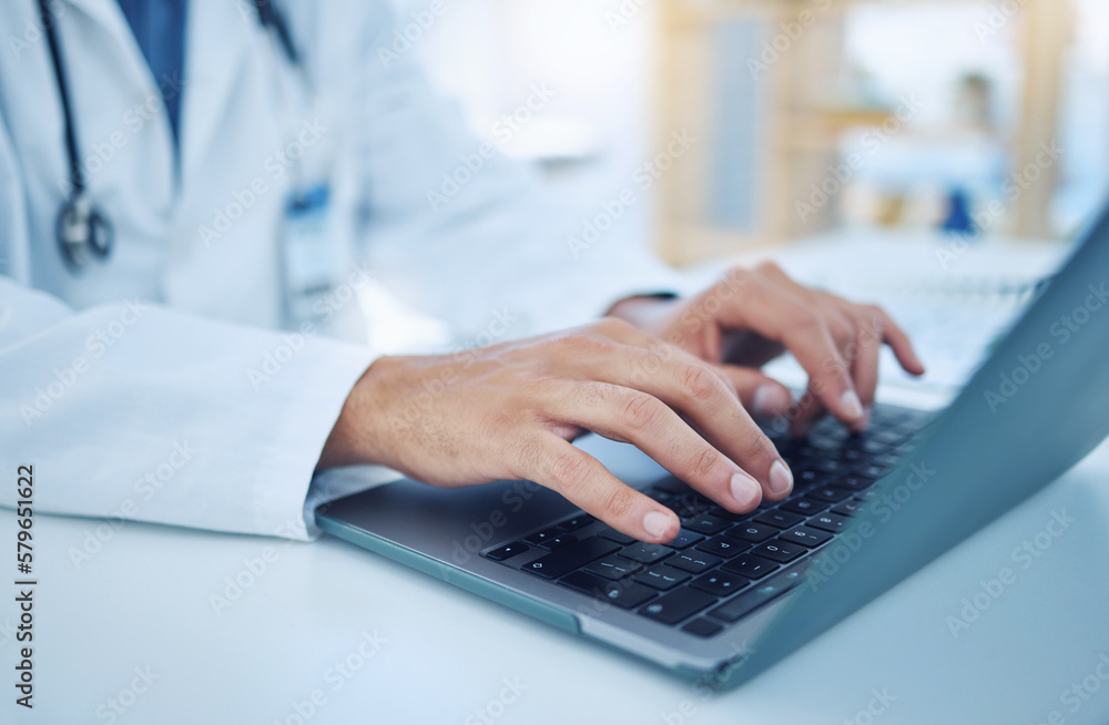 Hands, laptop and healthcare with a doctor typing for research, doing a search on the internet in a hospital. Computer, medical and analytics with a male medicine professional at work in a clinic Hands, laptop and healthcare with a doctor typing for research, doing a search on the internet in a hospital. Computer, medical and analytics with a male medicine professional at work in a clinic