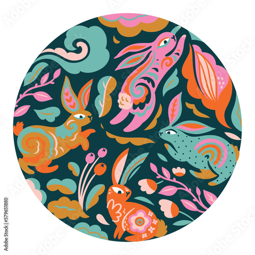 Vector rabbit characters design with beautiful blossom flowers in the circle