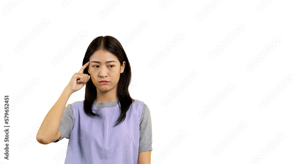 Young Asian woman thinking hard or planning to do something, Overthinking or worrying, Have a headache, Migraine, Stress, Free space for advertising or promoting products, Copy space, Enter text. Young Asian woman thinking hard or planning to do something, Overthinking or worrying, Have a headache, Migraine, Stress, Free space for advertising or promoting products, Copy space, Enter text.