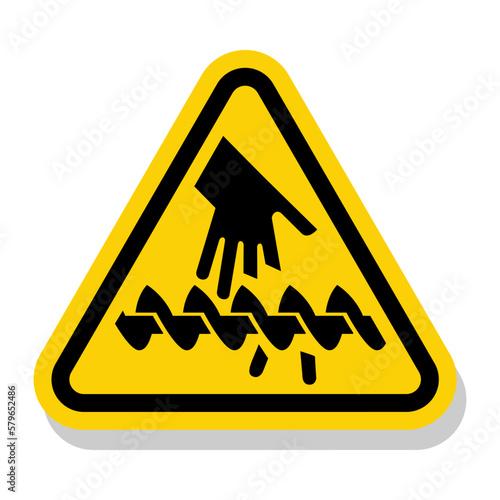 ISO Triangle Warning Sign: Cutting of Fingers or Hand with Rotating Blade Screw Auger Symbol